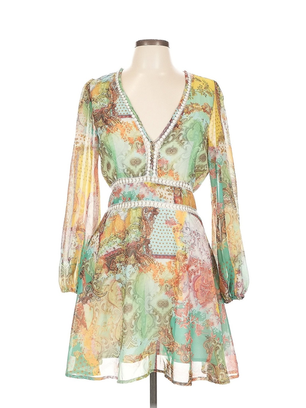 Boho V-Neck Floral Print Mini Dress in Mint & Yellow